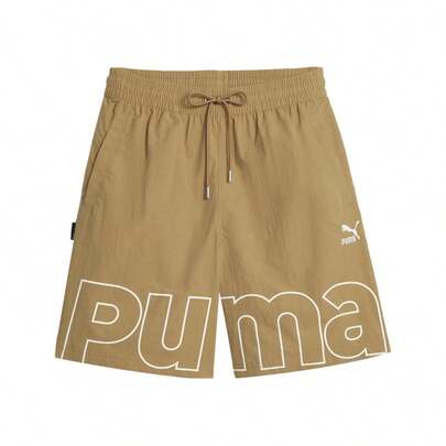 Puma Pantalones cortos rectos con cordón para hombre para exteriores, con estampado de logo grande de moda, para correr, fitness, entrenamiento y deportes
