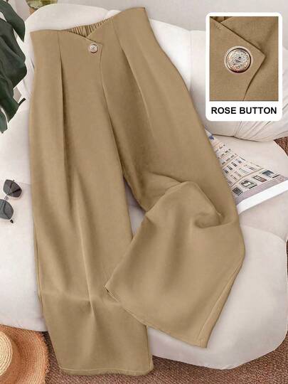 Enfärgat knapptyg, veckat dekor, dragkedja, kontor, vintage, militärgröna byxor, metallkameliaknapp, korsad midja, vintage, elegant färg, vävda, veckade, vida ben, dambyxor, höst/vinter