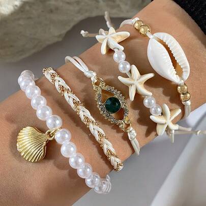 5pcs Bohemian Style Starfish & Seashell Green Jewelry Set, Starfish Pearl Layered Bracelet