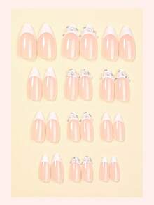 Bộ 24 miếng dán móng tay kiểu Pháp, hình hạnh nhân, hiệu ứng pha lê 3D tối giản phong cách Y2K, bề mặt mịn, phủ kín toàn bộ móng, phù hợp cho phụ nữ và bé gái sử dụng hàng ngày. - Nhiều màu - Xem 3