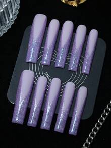 CrystalHola 情人节美甲，10片手工假指甲，按压式美甲，法式美甲，亚克力按压式美甲，方形按压式美甲，超长棺材形美甲，紫色美甲，哑光美甲，闪亮节日美甲，可爱美甲，Y2K风格，适合音乐节、派对和日常佩戴；送给女孩和女士的好礼物；新年美甲。手工按压式美甲 - 彩色 - 查看 15