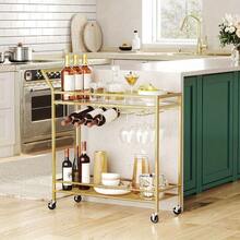 [Golden Bar Cart] Golden 2-Tier Bar Cart With Wine Rack And Glass Holder | Kitchen Serving Cart With Wheels And Guard Rails For Dining Room, Living Room, Party, Home - Golden Color - View 6