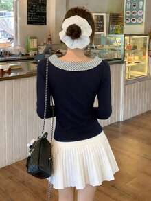 Slim Fit Bowknot Plaid Lace-Up Long Sleeve T-Shirt Undershirt - Navy Blue - View 7