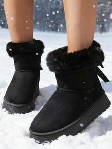 Women's Fleece-Lined Short Snow Boots, Beige - Warm, Soft-Soled, Comfortable & Non-Slip Winter Snow Boots, Plush Boots Valentine's Day - 黑色加厚款 - 查看 3