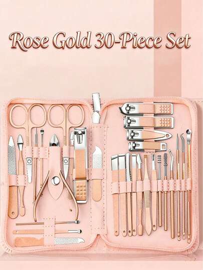 7-30pcs Stainless Steel Nail Clipper Set, Professional Manicure Kit With Ear Wax Remover And Nail File - Durable Portable Pedicure & Manicure Tools For Fingernails And Toenails (Rose Powder)