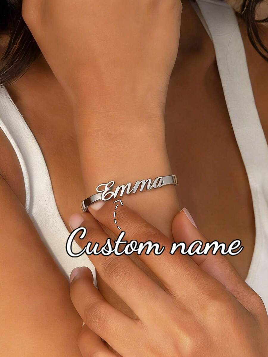 Customized Women's Stainless Steel Bracelet With Personalized Nameplate, Letter, Heart, Hollow Butterfly Design, Jewelry Gift For Women, Wedding, Valentine's Day - Silver Bracelet - View 1
