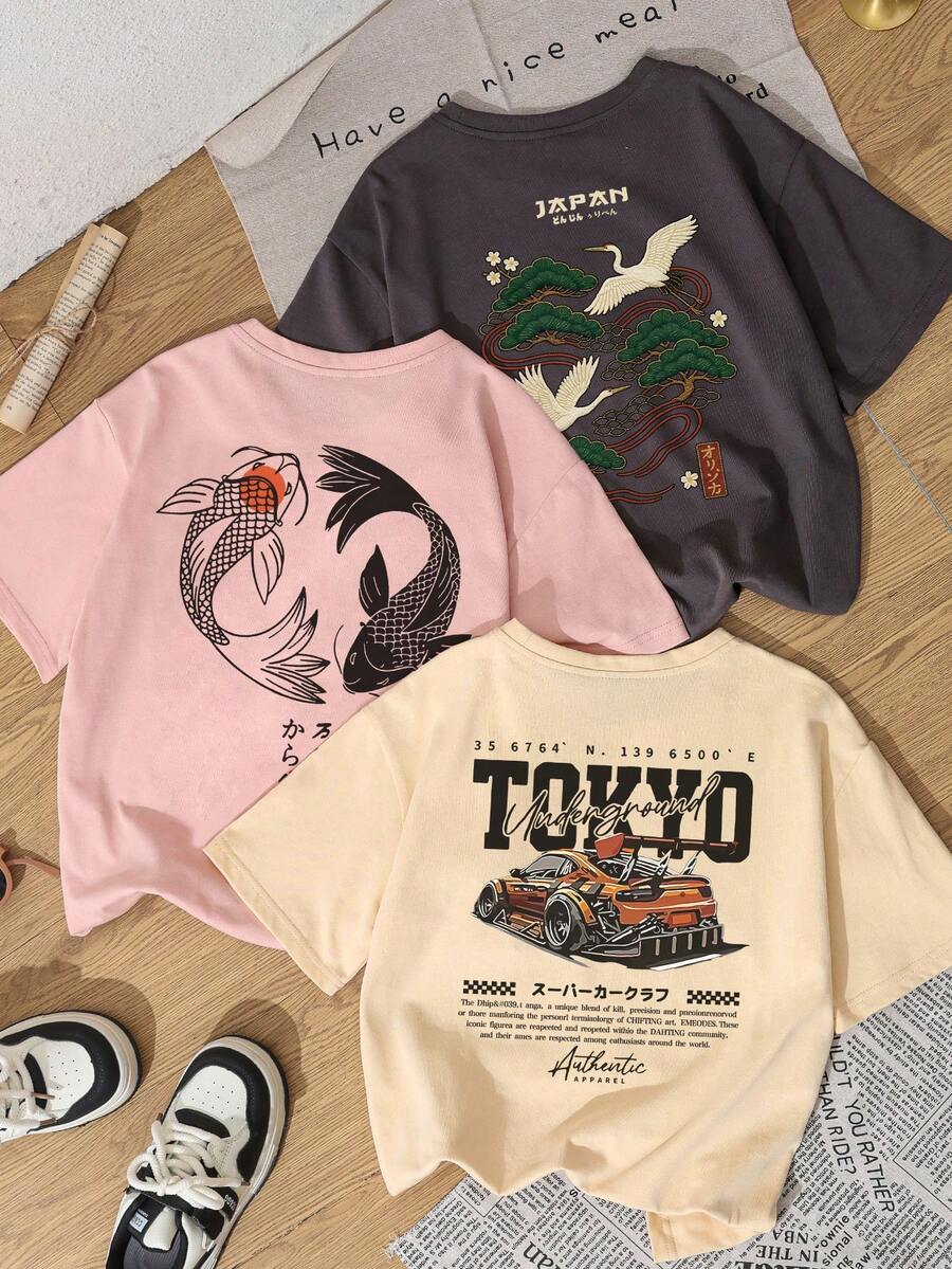 3件套夏季新款街头时尚日式仙鹤锦鲤图案休闲圆领短袖T恤，百搭日常女装 - 深灰和粉紅色和杏色 - 查看 1