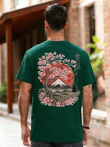 Fractyr 男士夏季时尚简约樱花与山峰刺绣印花圆领短袖T恤 | 基础款街头休闲T恤，男友礼物 - 墨綠色 - 查看 6