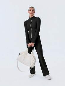 Women's Long Sleeve BBL Jacket With Pockets And Thumb Holes, Running Workout  Activewear Top - 黑色/金色 - 查看 6