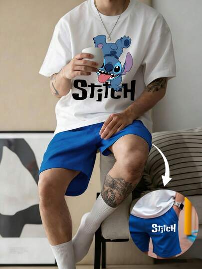 Disney Bộ đồ mặc nhà nam in họa tiết đường may, gồm áo cổ tròn và quần short, thích hợp cho mùa xuân/hè.