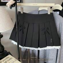 1 Piece Black & Grey Balletcore Slip Skirt With Lace Inserts & Bow Detail, High-Waist Slimming Pleated Mini Skirt In A Relaxed French Aesthetic For Versatile Styling, Ideal For Home Office, Everyday Fashion, Day Trips, Ceremonial Occasions And Spring/Summer Date Nights - màu đen - Xem 1