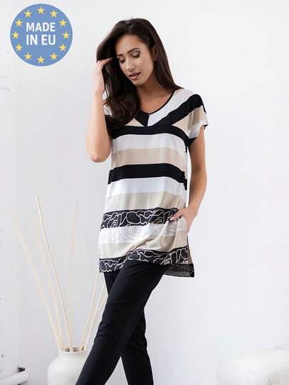 Camicia casual da donna a maniche lunghe con scollo a V e blocchi di colore