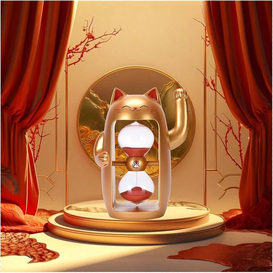 Lucky Cat  - Decorative FSandss Timer For Desk | Feng Shui Wealth & Fortune Desk Decor | Unique Office/Home Gift(Gold+5Min) - GoldCat - View 1