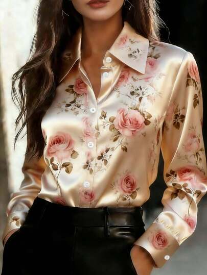 Women's Satin Rose Print Polyester Shirt, Long Regular Sleeve, Shirt Collar, Button Front