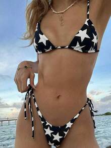 Women's Sexy Black Star Print Bikini Set, Beach Vacation Summer - Black Background With White Stars - View 1