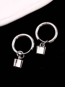 1 Pair Punk Chic Geometric Silver Bucket Circle Earrings For Men, Suitable For Daily Commute, Festivals, Party, Fashion Outfit