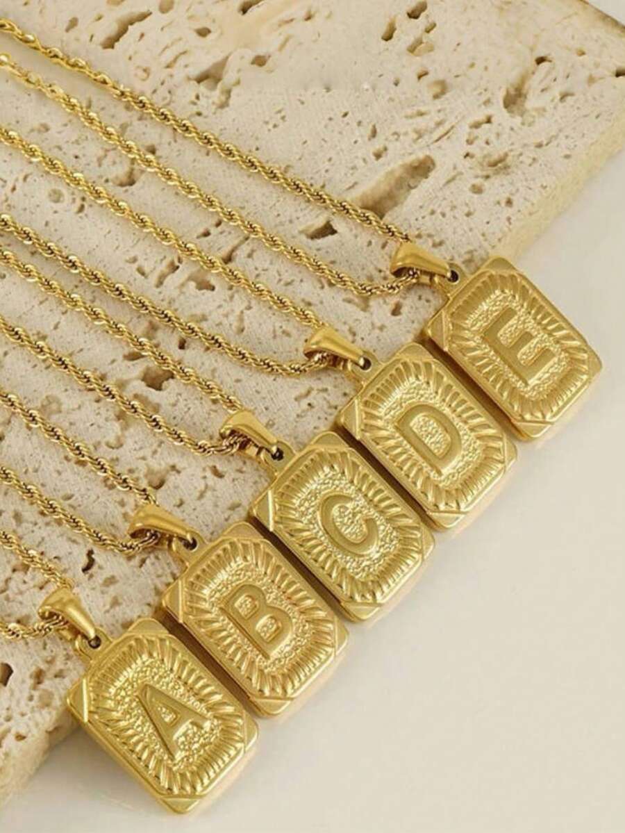 1件男士不锈钢金色扭链项链，配方形字母吊坠，A-Z字母首饰 - 金黃色 - 查看 1