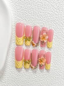 10pcs Bright Yellow Series Nail Stickers, Handmade Manicure Set, Gold Bow Nail Art Decor, Shiny Champagne Rhinestone Accents, Handmade Floral Art Decor, Yellow Textured Gel Nails, 3 Sizes Available: Almond, Duck Mouth, Coffin, Includes Tool Kit, Suitable For Women & Girls, Suitable For Parties, Celebrations, Birthdays, Daily Wear Nail Supplies - Multicolor - View 4