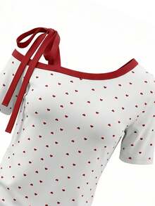 Sweet & Hot Girl Heart Print Asymmetric-Shoulder Short Sleeve T-Shirt, Tie-Up Design, Slim Fit, Summer - White - View 8