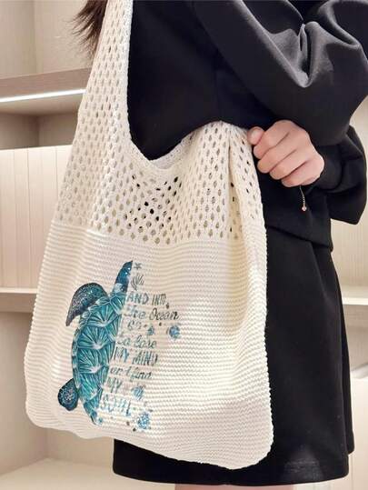 Women's Woven Tote Bag, Sea Turtle & Shell Print - Large Capacity Beach Travel Bag, Durable Polyester Open Design, Suitable For Summer, Beach Trips And Shopping - White With Blue Accents, Beach Handbag, Exquisite Woven Pattern, Summer Accessory, Sturdy Construction, Perfect For Vacation