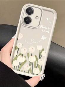 可爱白色花朵元素时尚手机壳 1 件装 简约创意个性化高级可爱手机壳 兼容三星 S25Ultra/S25Plus/S25/S25FE/S24Ultra/S24Plus/S24/S24FE/S23Ultra/S23FE/S23/S23+/S22Ultra/S22/S22+/S21Ultra/S21FE/S21/S21+/S20Ultra/S20FE/S20/S20+/A73/A72/A55/A54/A53/A52，兼容红米 Note 14 Pro+ 5G、P30，兼容荣耀 X6b，兼容 OPPO A74，兼容 Realme C53，兼容 Realme Narzo N53，2D 郁金香闪亮蝴蝶眼渐变设计款，棕色表壳，饰有白色郁金香图案和“爱花”字样，国际版，非国内版，春季复活节礼物 - 咖色 - 查看 4