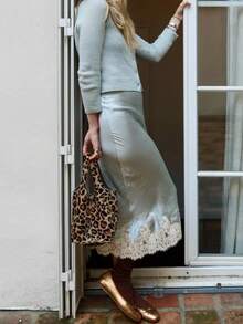 Lace Satin Maxi Skirts For Women Casual Elegant Fall A Line Elastic Waist High Rise Silk Midi Skirt With Lace Patchwork Y2k Aesthetic Going Out Skirt Party Club Streetwear - Màu xanh nhạt - Xem 5