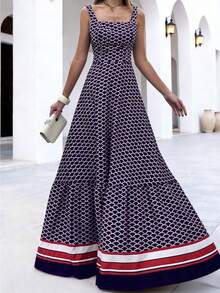 新款春夏休闲优雅度假女士长裙：藏蓝色鱼鳞印花，吊带方领A字廓形，适合度假/轻度晚宴/聚会