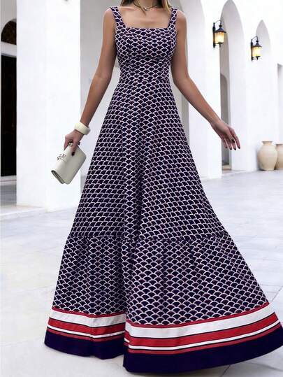 新款春夏休闲优雅度假女士长裙：藏蓝色鱼鳞印花，吊带方领A字廓形，适合度假/轻度晚宴/聚会