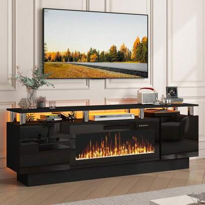 70" Modern Fireplace TV Stand With 36" Electric Fireplace For TVs Up To 80", Luxury LED-Lit Entertainment Center With High-Gloss Grey Cabinet, Perfect For Living Room, Halloween Decor