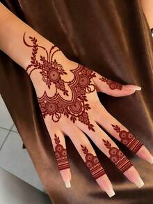 4pcs Brown, Red, Burgundy Floral Design Sexy Toe & Hand Henna Temporary Tattoo Stickers, Waterproof Flower Tattoo Stickers For Women, Body Art Stickers For Wedding, Party - Red - View 4
