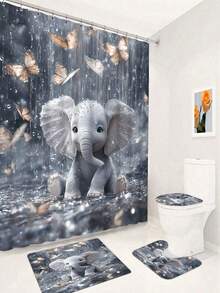 1件/4件装大象雨中主题浴帘，保暖防水，带12个挂钩，适用于房间、家庭、酒店，可机洗浴室帘 - 彩色 - 查看 21
