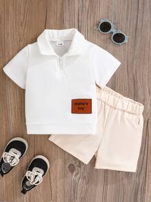 Conjunto de ropa de verano para niños pequeños, que incluye una sudadera elástica de unicolor de manga corta y pantalones cortos, adecuado para bebés de 1 a 5 años. - Albaricoque - Ver 1