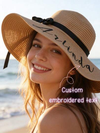 Sombrero de paja bordado con nombre personalizado, esencial de verano personalizado, material de paja flexible, ligero y portátil, perfecto para viajes, playa, paseos por la ciudad, proporciona protección solar, práctico y elegante, regalo pensado para solteros, cumpleaños, San Valentín, damas de honor, Pascua, Ramadán, Día de la Madre y talla grande