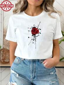 1PC 100%Cotton Red Rose Splatter Hope Graphic Print Women's Short Sleeve TShirt, Winter Base Layer Shirt. - White - View 1