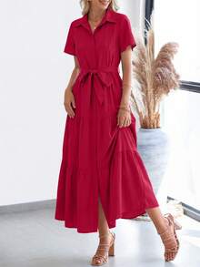 Women's Summer Dresses Short Sleeve Fluttering Multi Layers Beach Sundresses Buckle Wedding Shirt Dresses - Burgundy - View 5