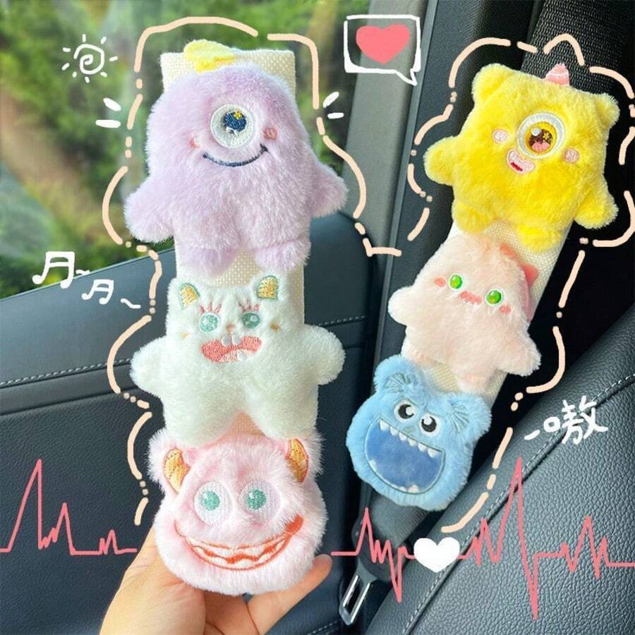 Cute Monster Plush Doll Car Safety Belt Cover, Car Interior Decoration Accessories