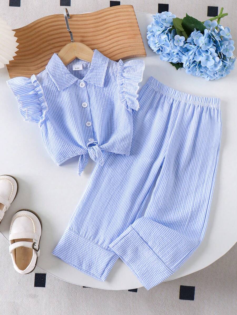 2pcs/Set Young Girl' Casual Mori Style Cap Sleeve Top And Wide Leg Pants Set, Summer