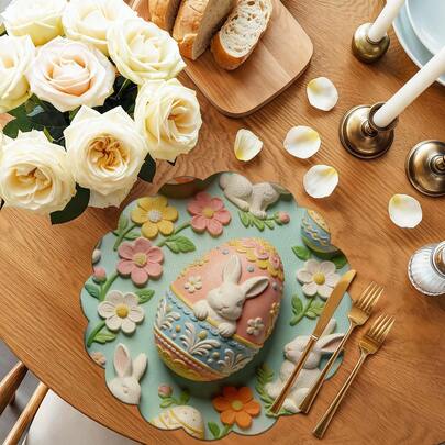1pc/Set Easter Egg Rabbit, Embossed Texture, Spring Linen Blend Placemat, 38cm Round, Seasonal Kitchen Dining Table Decor, Easter Home Decoration