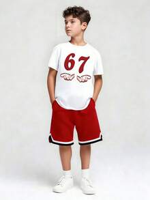 Tween Boy Cartoon Graphic Print Crew Neck Short Sleeve T-Shirt And Shorts Set - White - View 1