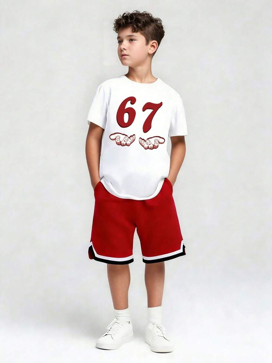Tween Boy Cartoon Graphic Print Crew Neck Short Sleeve T-Shirt And Shorts Set - White - View 1