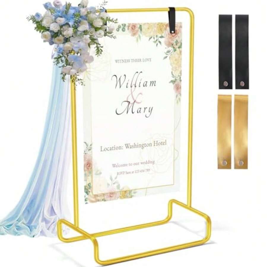 Wedding Welcome Sign Holder Personalized 68"X32"X16.5" Gold Welcome To Our Wedding Hanging Sign Holder With Leather Sign Straps Easel Stand For Sign Adjustable Wedding Seating Chart Stand - Vàng - Xem 1