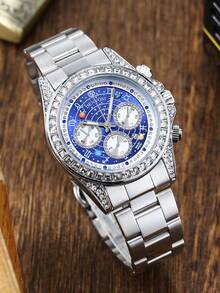 1pc Men's Luxury Twelve Constellation Planet Fully Iced-Out Luminous Analog Watch With Stainless Steel Waterproof Strap