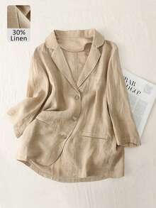 Women's Casual Lightweight Commuter Solid Color Linen Blend Loose Single-Breasted 3/4 Sleeve Blazer, Spring/Summer - Khaki - View 1