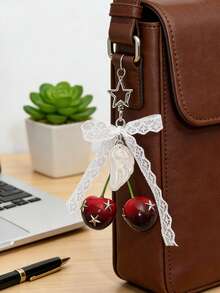 Y2K Goth Lace Bow & Cherry Bag Charm Keychain, Versatile As Bag Charm, Keychain Accessory & Outfit Accent For Stylish Y2K/Goth Bag Styling, Edgy Cute Purse Hanging Ornament With Star & Pearl Wing Accents, Ideal For Decorating Handbags, Crossbody Bags, Backpacks, Suitable For Y2K Fashion Enthusiasts, Women, Teen Girls, Gift Givers, Perfect For Daily Outings, Music Festivals, Casual Gatherings - Multicolor - View 3