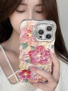 Minimalist Fashion Blue Light Oil Painting Flower Lens Stand Phone Case Compatible With IPhone 16 15 14 13 12 11 - Pink - View 3