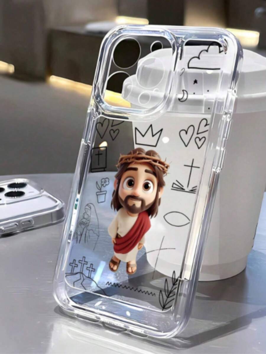 宗教主题单件装耶稣图案全覆盖透明TPU防指纹手机壳，兼容 13、11、14 Pro Max、13 Pro、15/15 Plus/15 Pro/15 Pro Max/12/12 Pro/12 Pro Max/14/14 Pro/13 Pro Max及其他型号 - 彩色 - 查看 1