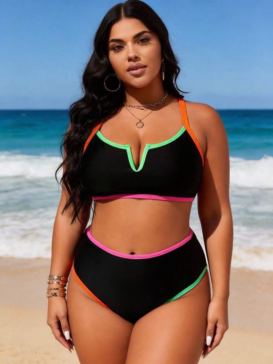 Fashionable Women's Two-Piece Swimsuit Set With Color-Coated Trim, Featuring A Sexy Deep V-Neck Design With Halter Neck And Strapless Style. Plus-Size, Suitable For Sports, Outdoor Activities, Beach Leisure, Hiking, Sunbathing, Photoshoots, And Water Play. - 黑色 - 查看 1