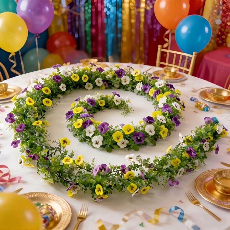 JHSHUDSE 三色三色仿真三色堇花藤 | 装饰氛围营造器。紫色+黄色+白色对比色，宛如从花园里采摘的一束鲜花~ 精致的花瓣质感栩栩如生，搭配嫩绿的叶片，清新怡人，令人心情舒畅。人造材质防晒、防枯萎、无需维护。派对必备/家居装饰专家/用途广泛。（需多件才能达到图片所示效果） - 1件 - 查看 1