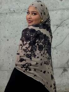 1条女士时尚亚麻鹿纹印花围巾，优雅休闲穆斯林头巾，轻盈透气，四季皆宜，节日礼物 - 彩色 - 查看 5