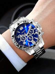 Set de 4 relojes de hombre de estilo hip hop en color plateado con acero inoxidable, adecuados para uso diario, reuniones de negocios, fiestas de cumpleaños, regalos del Día de San Valentín, regalos para novio/Día del Padre, casual y deportivo - Plateado - Ver 2